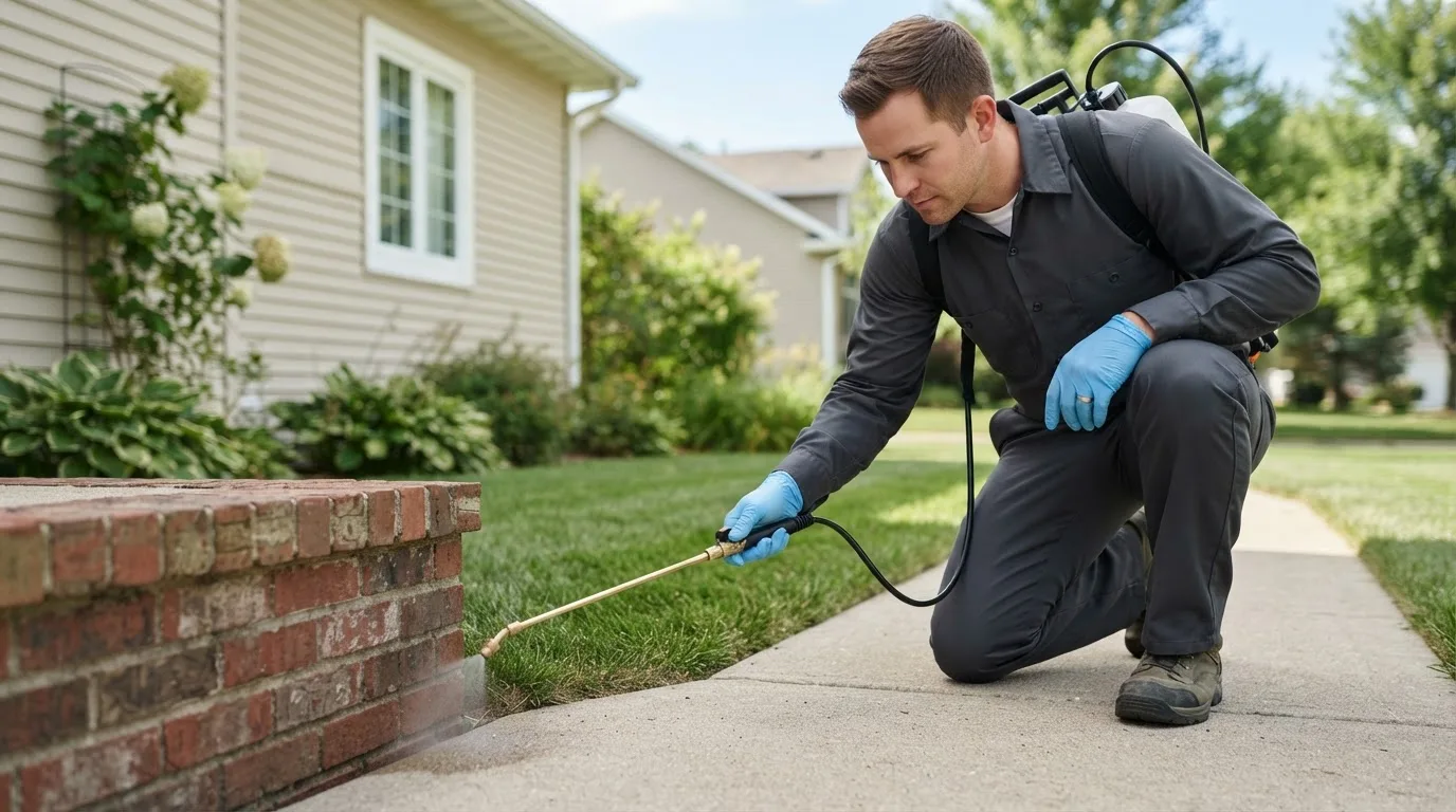 Pest control technician treating a home near Omena, MI