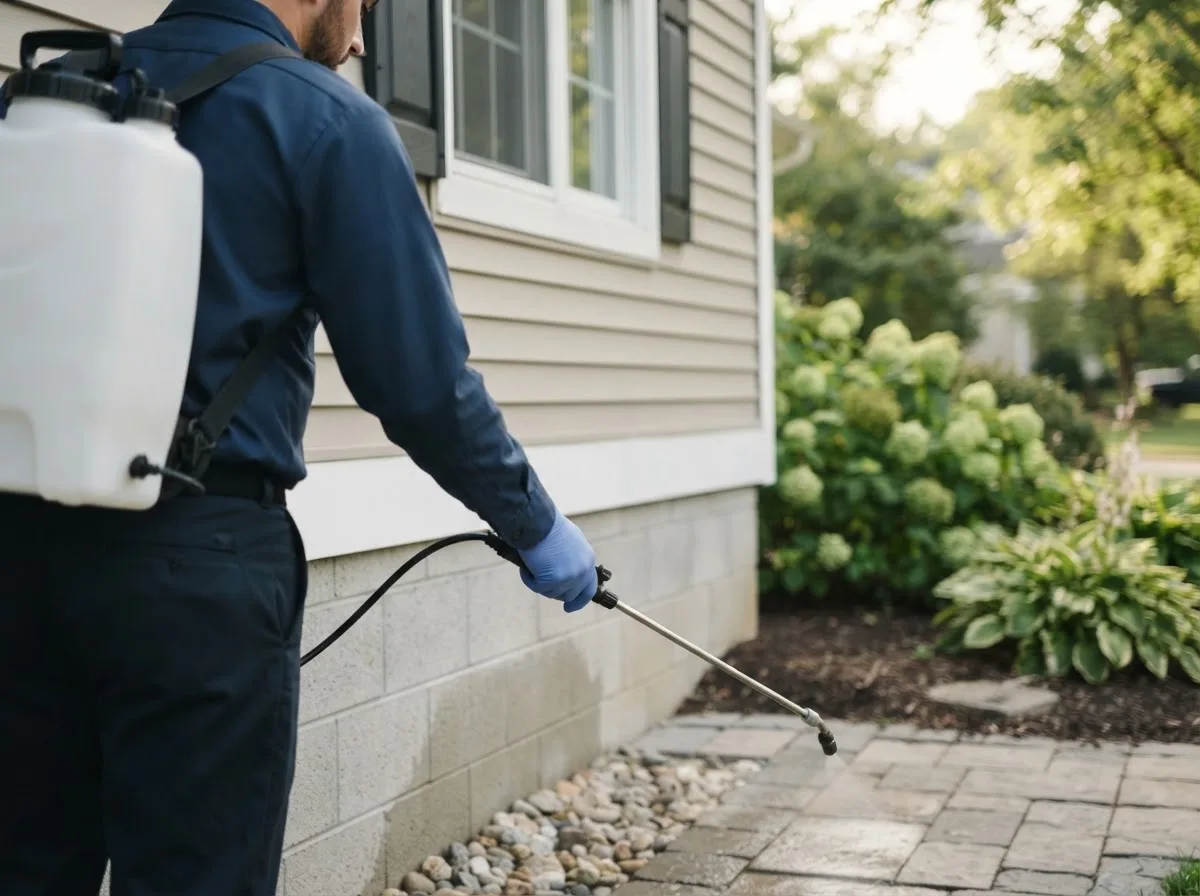 Pest control technician inspecting a home in Omena, MI
